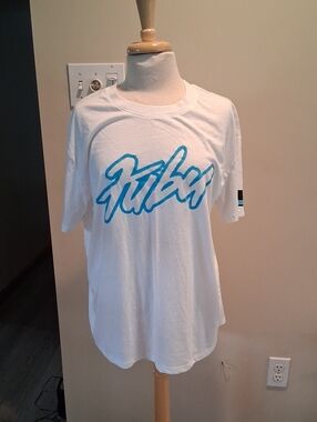 FUBU White Short Sleeve Tee with Blue Script Logo